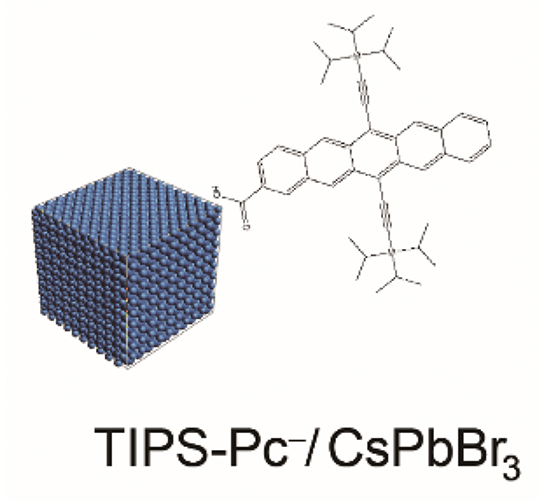 Illustration of a molecule and a cube of molecules labeled TIPS-PC-/CsPbBr3. 